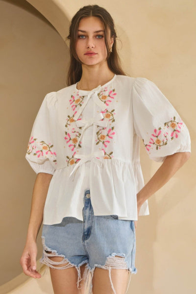 Poplin Front Ribbon Tie Blouse - Ebony's Shopping