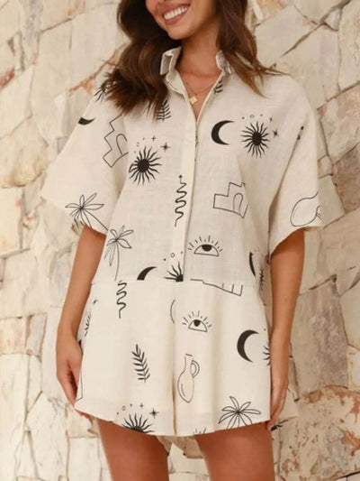 Printed Collared Neck Half Sleeve Romper - Ebony's Shopping