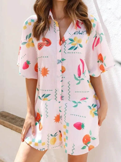 Printed Collared Neck Half Sleeve Romper - Ebony's Shopping