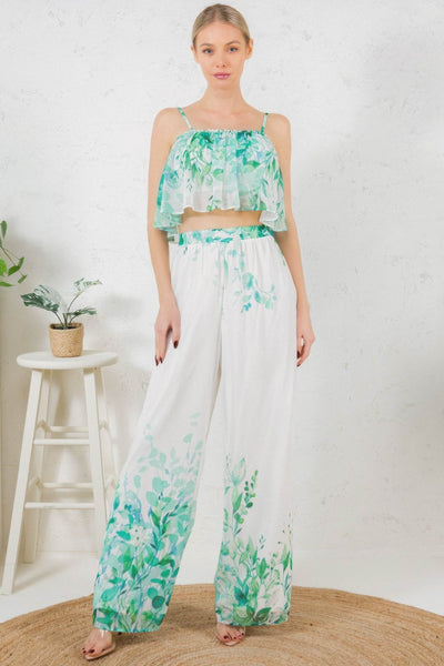 Printed Crop Top & Wide Leg Long Pants Set - Ebony's Shopping