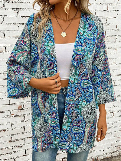 Printed Open Front Three-Quarter Sleeve Cover Up - Ebony's Shopping