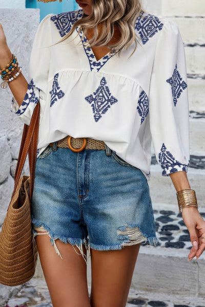 Printed T Shirt V Neck Loose Puff Sleeves Shirts - Ebony's Shopping