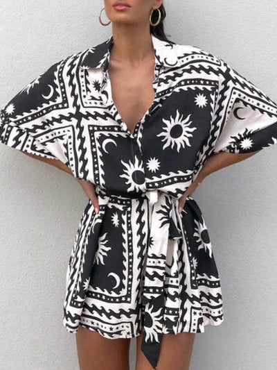 Printed Tie Waist Half Sleeve Romper - Ebony's Shopping
