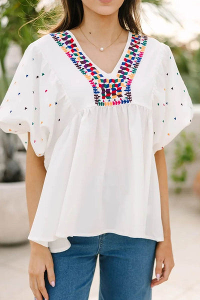 Printed V-Neck Puff Sleeve Top - Ebony's Shopping