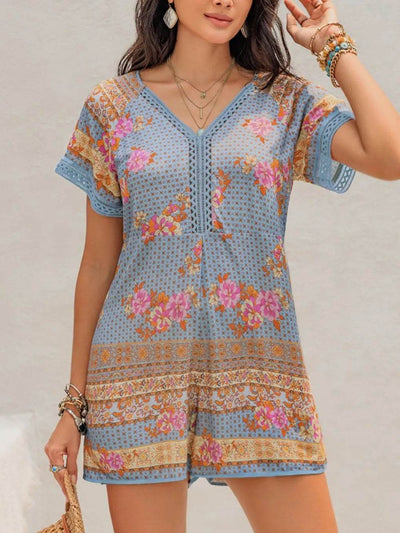 Printed V-Neck Short Sleeve Romper - Ebony's Shopping