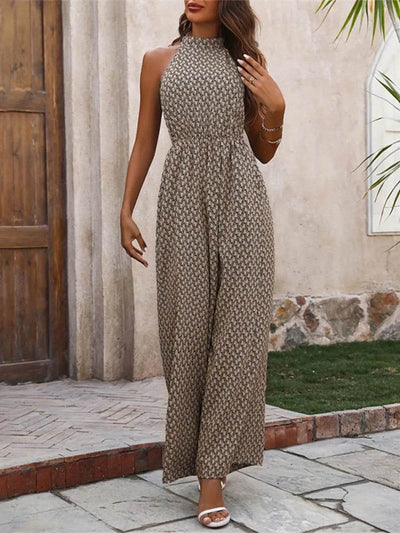 Printed Wide Leg Sleeveless Jumpsuit - Ebony's Shopping