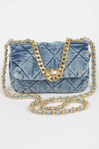 Quilted Washed Denim Flap Clutch - Ebony's Shopping