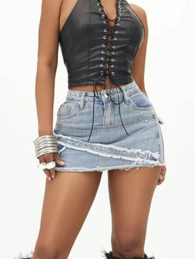 Raw Hem Denim Mini Skirt - Ebony's Shopping