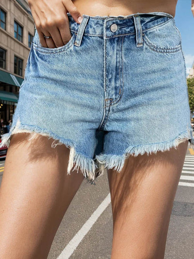 Raw Hem Denim Shorts with Pockets - Ebony's Shopping