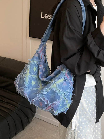 Raw Hem Denim Shoulder Bag - Ebony's Shopping