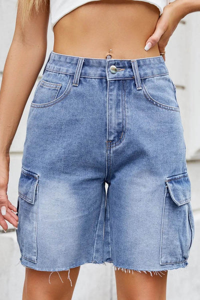 Raw Hem Washed Denim Shorts with Cargo Pockets - Ebony's Shopping