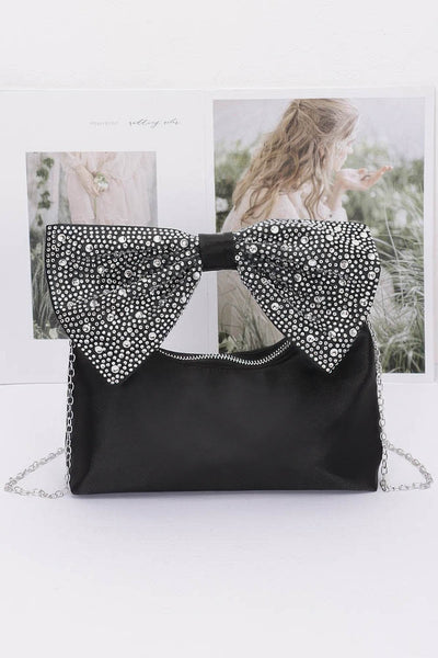 Rhinestone Hotfix Bow Handle Nylon Clutch - Ebony's Shopping