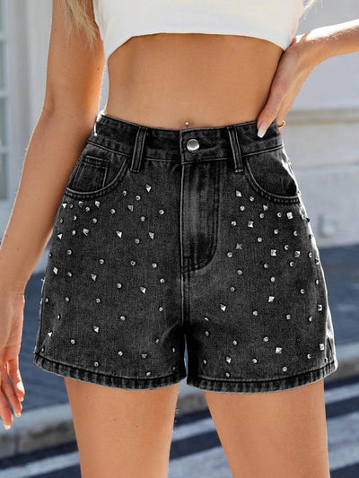 Rhinestone Washed High Waist Denim Shorts - Ebony's Shopping