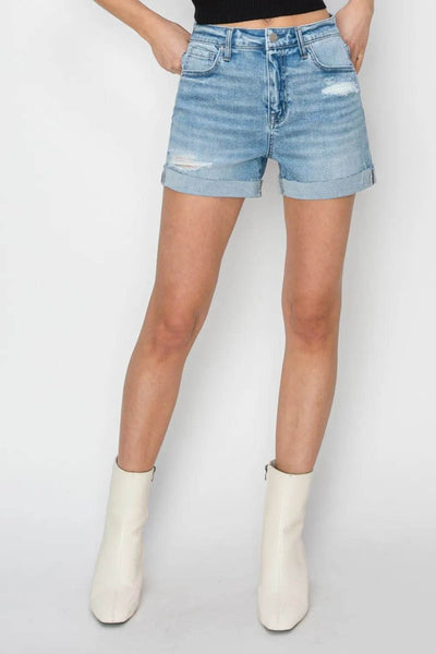 RISEN Distressed Mid-Rise Waist Denim Shorts - Ebony's Shopping