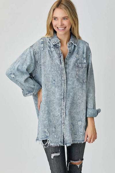 RISEN Distressed Raw Hem Denim Shirt - Ebony's Shopping