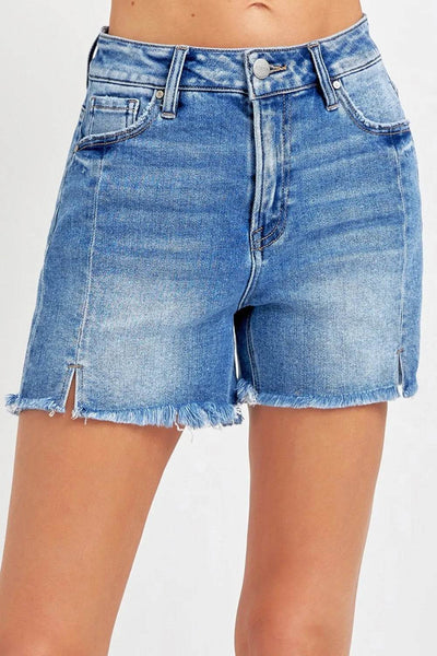 RISEN Front Slit Raw Hem Denim Shorts - Ebony's Shopping
