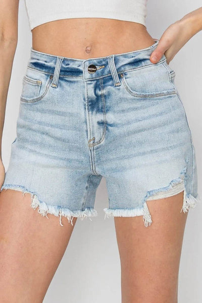 RISEN Full Size High Waist Frayed Detail Denim Shorts - Ebony's Shopping