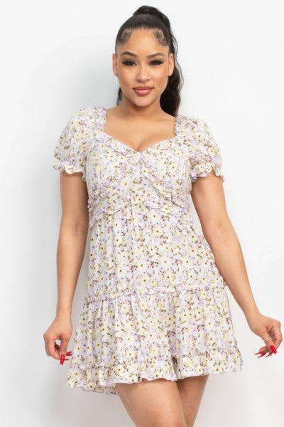 Ruffled Floral Puff Sleeve Dress - Ebony's Shopping