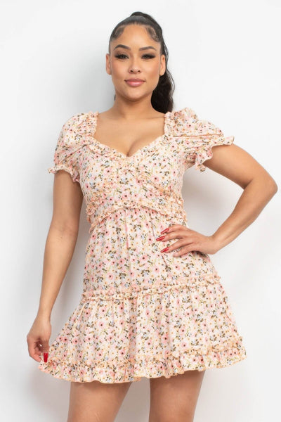 Ruffled Floral Puff Sleeve Dress - Ebony's Shopping