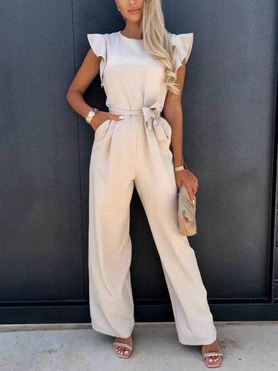 Ruffled Round Neck Cap Sleeve Jumpsuit - Ebony's Shopping