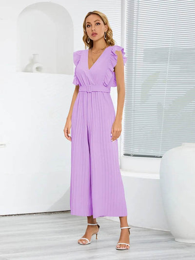 Ruffled Surplice Cap Sleeve Jumpsuit - Ebony's Shopping