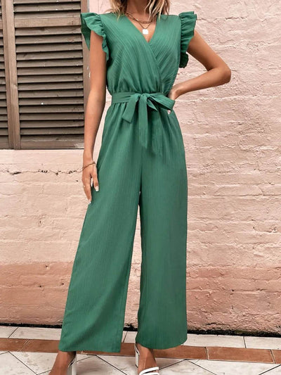 Ruffled Surplice Cap Sleeve Jumpsuit - Ebony's Shopping