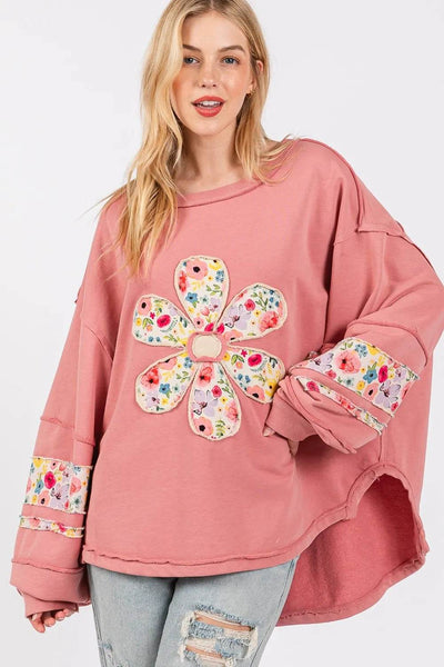 SAGE + FIG Daisy Patch Applique Long Sleeve Sweatshirt - Ebony's Shopping