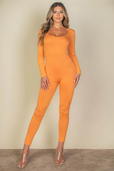 Scoop Neck Long Sleeve Bodycon Jumpsuit - Ebony's Shopping