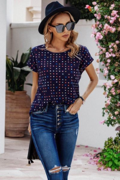 Scoop Neck Polka Dot Batwing Sleeve Blouse - Ebony's Shopping