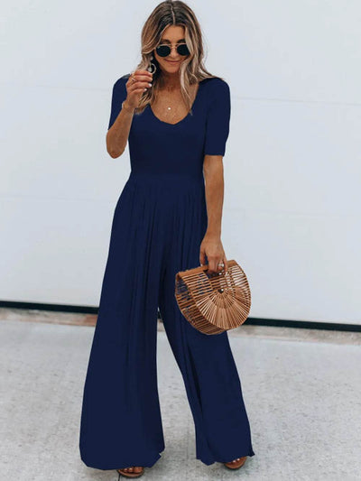 Scoop Neck Short Sleeve Jumpsuit - Ebony's Shopping
