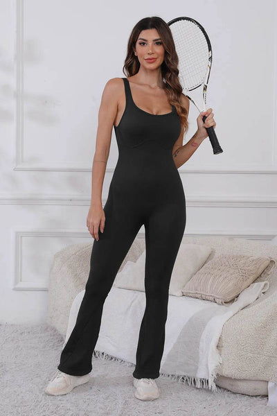Scoop Neck Wide Strap Active Jumpsuit - Ebony's Shopping