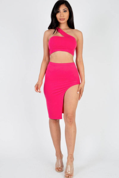 Sexy Solid One Shoulder Crop Top & Split Thigh Midi Skirt Set - Ebony's Shopping
