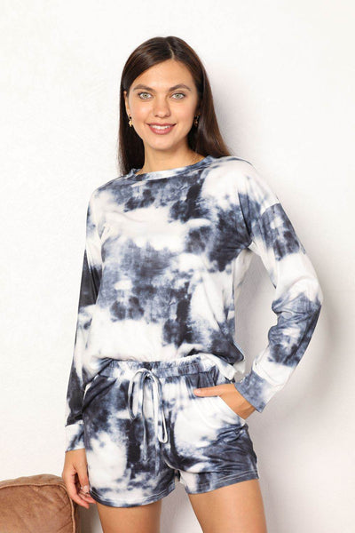 Shiny Tie-Dye Round Neck Top and Shorts Lounge Set - Ebony's Shopping
