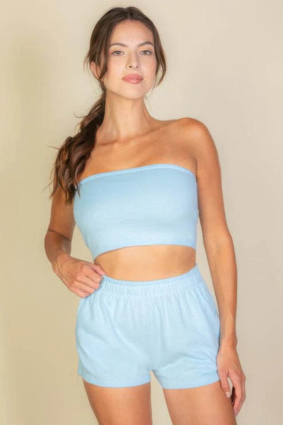 Simple Solid Color Tube Top And Shorts Two Piece Set - Ebony's Shopping