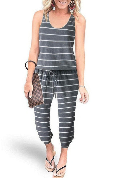 Sleeveless Drawstring Square Neck Fit Jumpsuit - Ebony's Shopping