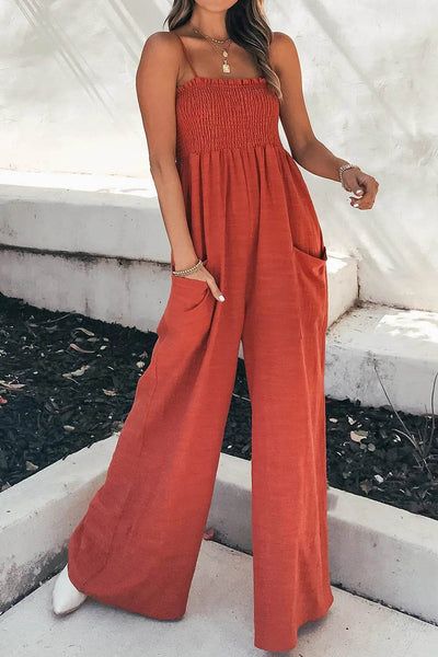 Smocked Spaghetti Strap Wide Leg Jumpsuit - Ebony's Shopping
