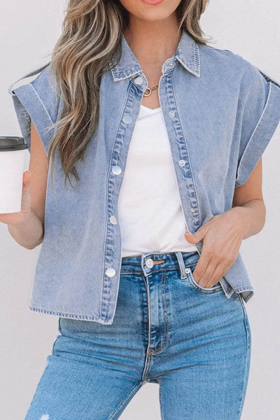 Snap Down Cap Sleeve Denim Top - Ebony's Shopping