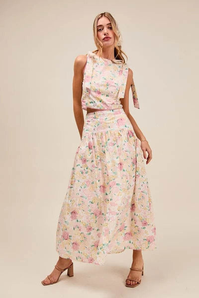 SO ME Floral Printed Woven Shoulder Bow Tie Top and Skirt Set - Ebony's Shopping