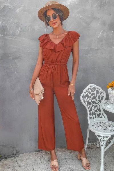 Solid Ruffle Trim V Neck Fit Jumpsuit - Ebony's Shopping