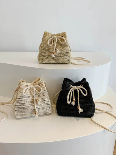 Straw Braided Drawstring Bucket Bag - Ebony's Shopping