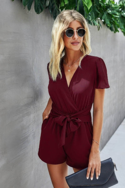 Stretch Belted Plunge Neck Wrap Knot Side Romper - Ebony's Shopping