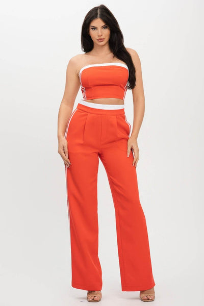 Stripe Tapping Contrast Elastic Band Toppants Set - Ebony's Shopping