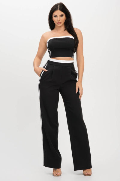 Stripe Tapping Contrast Elastic Band Toppants Set - Ebony's Shopping