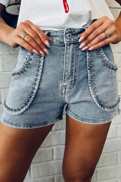 Studded Acid Wash Denim Shorts - Ebony's Shopping