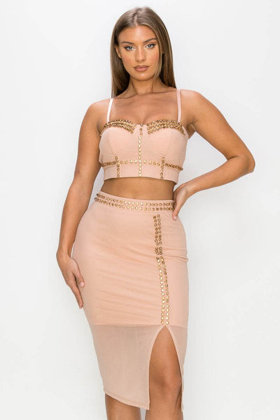 Studded Stone Cami Top & Slit Mini Skirts Set - Ebony's Shopping