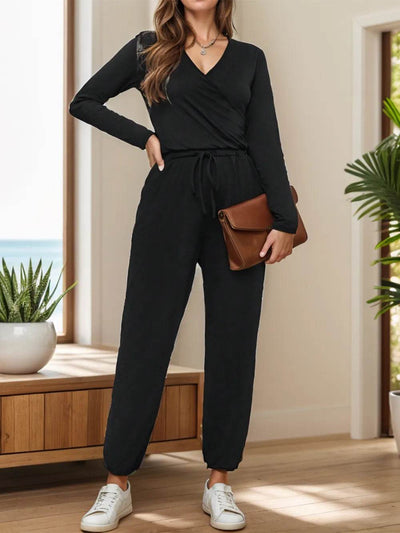Surplice Tie Waist Long Sleeve Jumpsuit - Ebony's Shopping