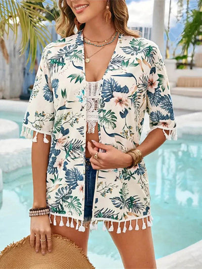 Tassel Printed Open Front Half Sleeve Cover-Up - Ebony's Shopping