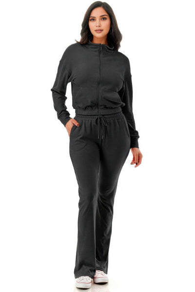 Thermal Crop Jacket With Flare Pants Set - Ebony's Shopping