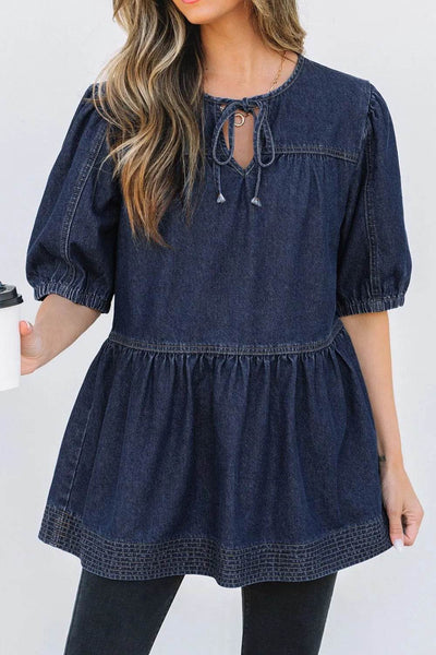 Tie Neck Babydoll Denim Top - Ebony's Shopping