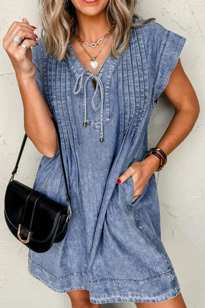 Tie V Neck Tucking Detail Short Sleeve Denim Dress - Ebony's Shopping
